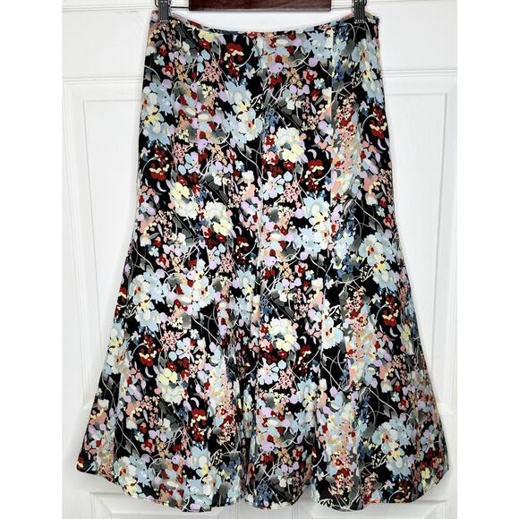 Jones New York Black Colorful Floral Print Midi Skirt Lined Side Zip Size 6 - Picture 1 of 6